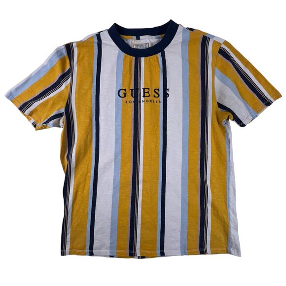 Vintage Guess Y2K Stripe Tee M | Yellow Embroidered Logo Spell-Out Cotton Crew - Picture 3 of 12